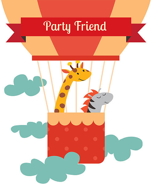 istock Air balloon animals print. Giraffe and zebra in a balloon 488392466
