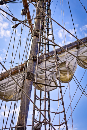 Old sailing ship mast againdt blue sky 