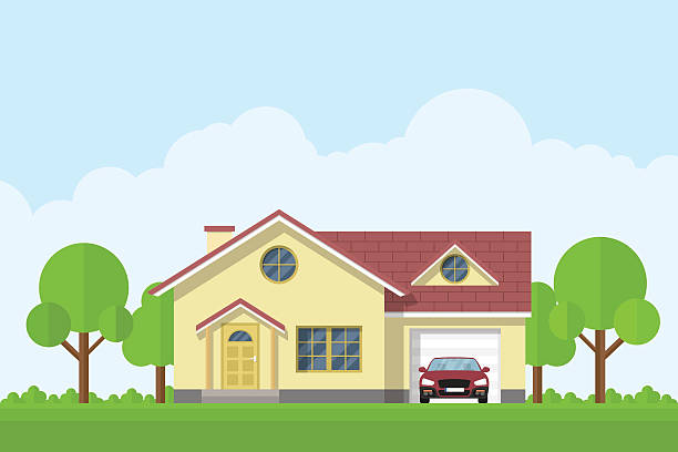 house facade picture of a privat living house with garage and car, flat style illustration beautiful modern house stock illustrations