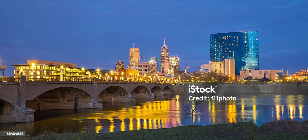 Indianapolis skyline and the White River Indianapolis skyline and the White River at twilight Indianapolis Stock Photo