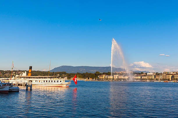 istock Water jet fountain at sunset in Geneva 488404822