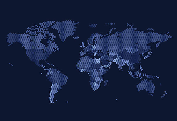 Dotted World map of hexagonal dots Dotted World map of hexagonal dots on dark background. Vector illustration. honeycombs clip art stock illustrations