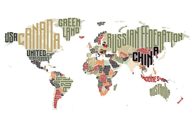 World map made of typographic country names vector art illustration