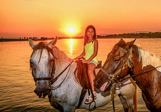 bella ragazza equitazione litlle cavallo al tramonto in riva al mare - foal child mare horse foto e immagini stock