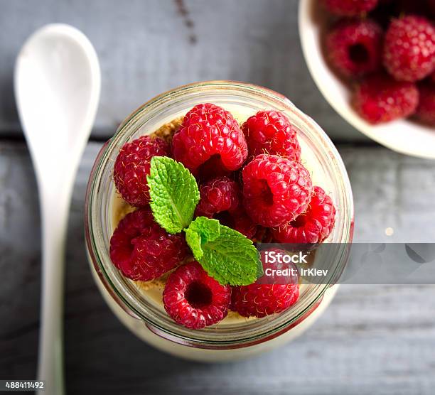 Healthy Breakfast Fresh Greek Yogurt With Raspberries And Mint Stock Photo - Download Image Now