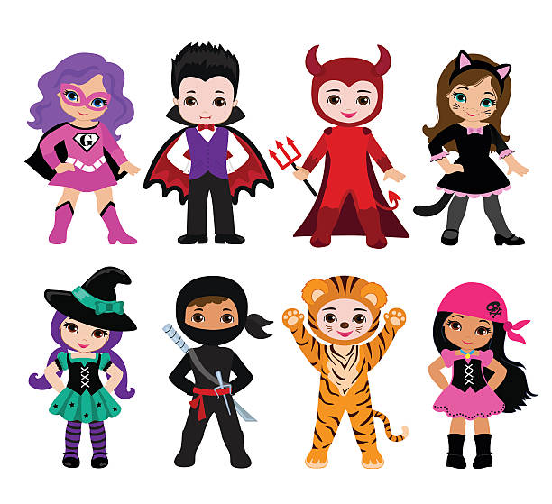 ilustraciones, imágenes clip art, dibujos animados e iconos de stock de feliz halloween. funny niños pequeños en el colorido el vestuario. - vampire vampiress little girls cartoon