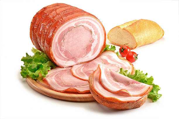 istock Cutting board with roast pork and bread 488412786