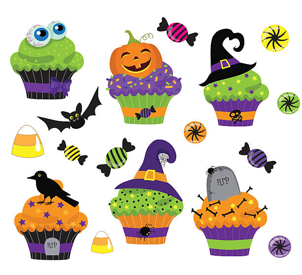 Set of colorful halloween sweets, cupcake and candies icons. Set of colorful halloween sweets, cupcake and candies icons. halloween cupcake stock illustrations