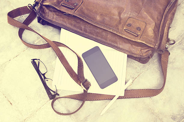 istock Leather bag with blank diary, cell phone, headphones and pencil 488413026