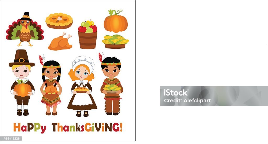 Group of kids sharing food for Thanksgiving A group of kids - Indians and Pilgrims - sharing food for Thanksgiving Pilgrim stock vector