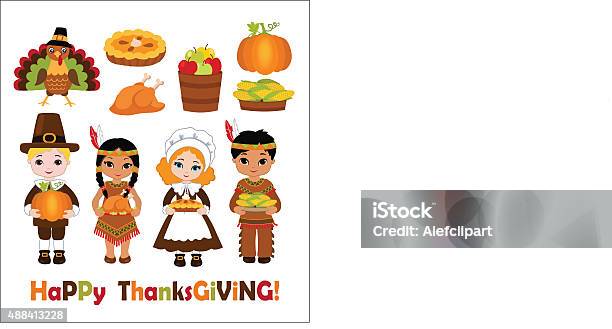 Group Of Kids Sharing Food For Thanksgiving Stock Illustration - Download Image Now - Pilgrim, Child, Boys