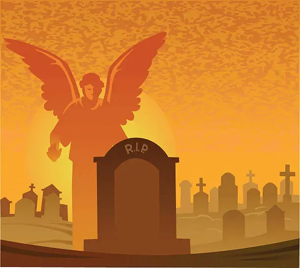 Vector illustration of Tombstone and Angel With Copy Space - Graveyard