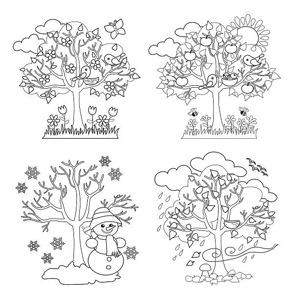 ilustrações de stock, clip art, desenhos animados e ícones de árvores de quatro temporadas coloração. tm - field poppy single flower flower