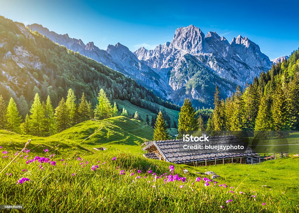 Idyllische Landschaft der Alpen, Berg-chalet im Frühling - Lizenzfrei Alpen Stock-Foto