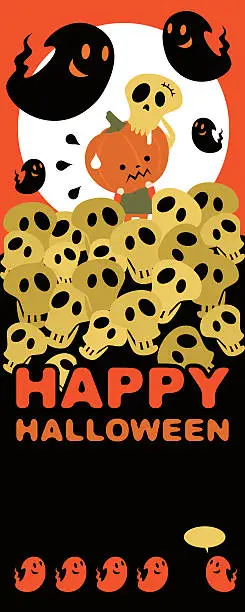 Vector illustration of Terrified Pumpkin child on skull head, ghost, Halloween Banner (Poster)