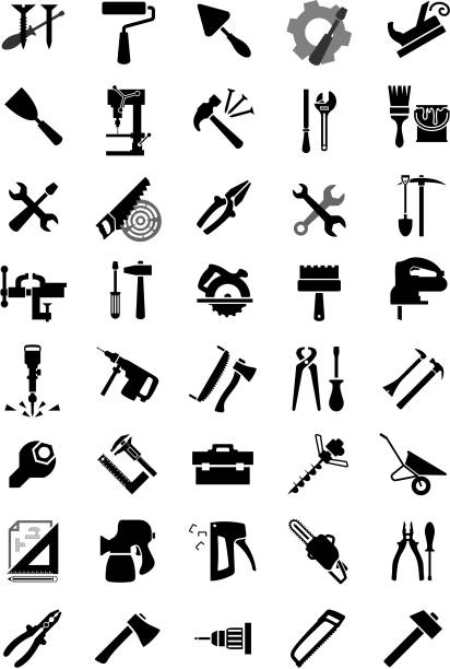 ilustrações, clipart, desenhos animados e ícones de preto e manual ícones de ferramenta elétrica - hand drill work tool white white background