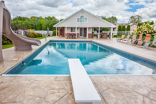 istock In Ground Swimming Pool with Pool-House, Slide, Diving Board. 488428806