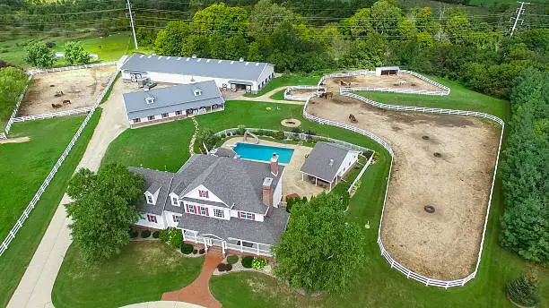 Photo of Country ranch, mansion with horse barns,pens,pool, aerial view