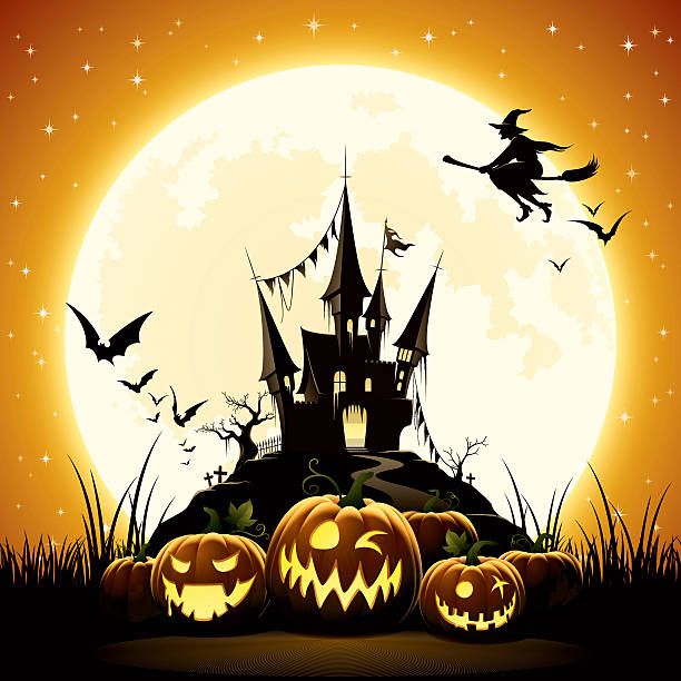 Happy Halloween night - halloween night with pumpkins, haunted castle and witch bat silouette illustration stock illustrations