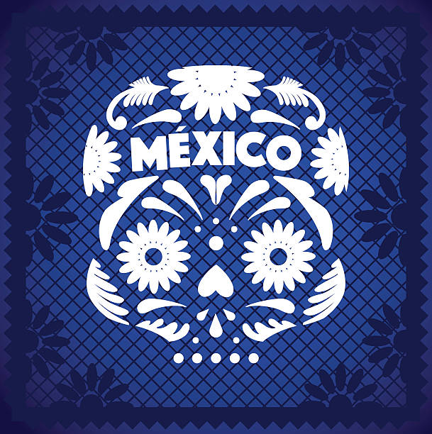 ilustraciones, imágenes clip art, dibujos animados e iconos de stock de cráneo mexicana-abertura de papel de color azul - papel picado dia de muertos