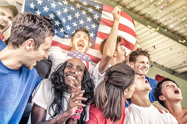 istock Group of happy USA supporters 488438571