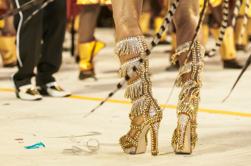 Florianópolis, Santa Catarina, Brazil - March 2, 2014: Members of a local samba school called Embaixada Copa Lord, performing during the Carnaval of Florianópolis,in downtown