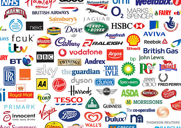 British Brands Company Identities logos. Trowbridge, Wiltshire, UK - April 22, 2014: Photograph of a compilation of Major British Company logo's. The montage of over 70 companies was compiled for a local Business school project. bbc photos stock pictures, royalty-free photos & images