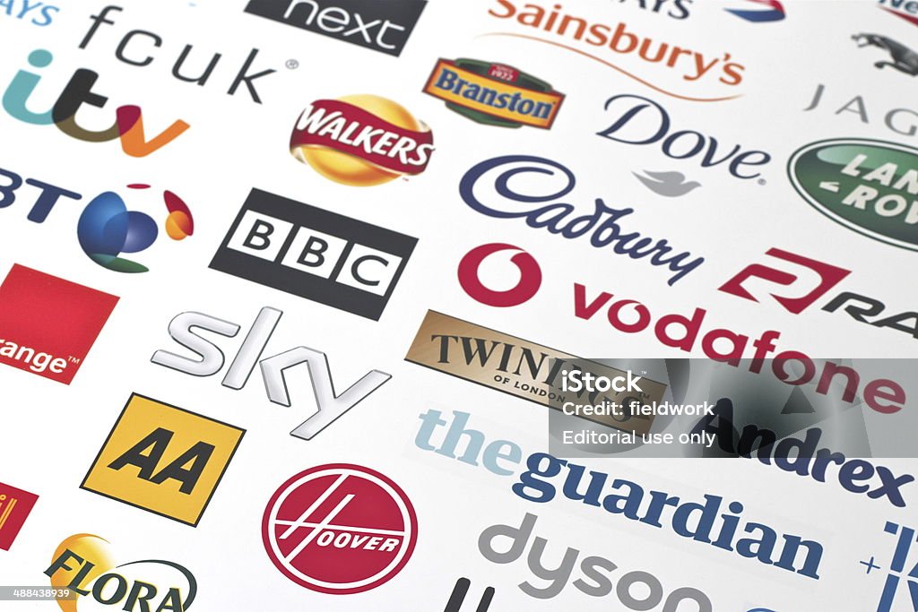 Great British Brands U.K. Logos Trowbridge, Wiltshire, UK - April 22, 2014: Photograph of a compilation of Major British Company logo's. The montage was compiled for a local Business school project. BBC Stock Photo