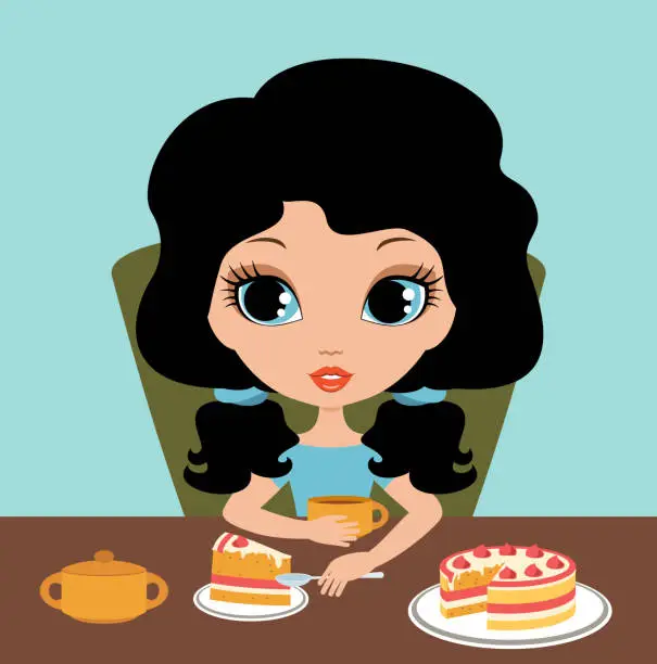 Vector illustration of Little girl eats a pie