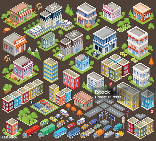 Big Isometric Set Of Buildings And Houses Stock Illustration - Download Image Now - Town, Isometric Projection, Three Dimensional