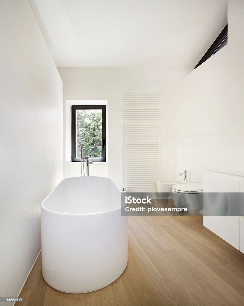 modern loft, view bathroom modern loft, bathroom with bathtub Domestic Bathroom Stock Photo