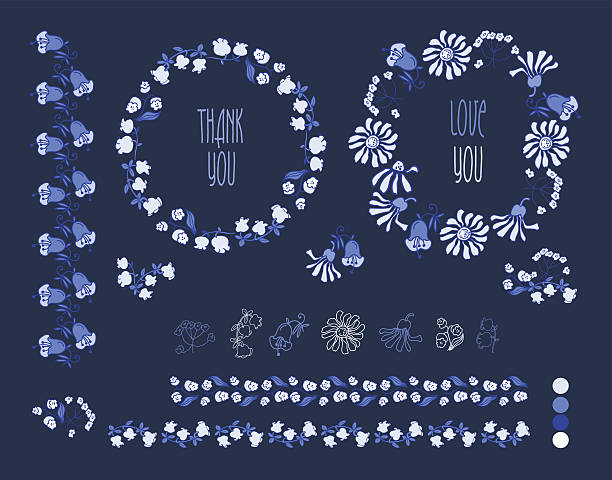 ilustraciones, imágenes clip art, dibujos animados e iconos de stock de marco floral de la colección.   conjunto de flores retro organizar monada - plan flower arrangement single flower blue