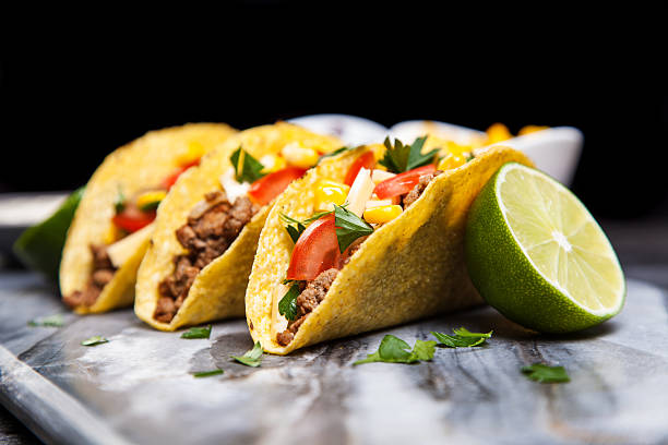 Delicious tacos Mexican food - delicious tacos with ground beef mexican food photos stock pictures, royalty-free photos & images