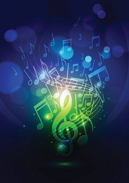 ilustrações de stock, clip art, desenhos animados e ícones de abstrato de música com notas e luzes de bokeh fundo azul - musical theater music musical note backgrounds