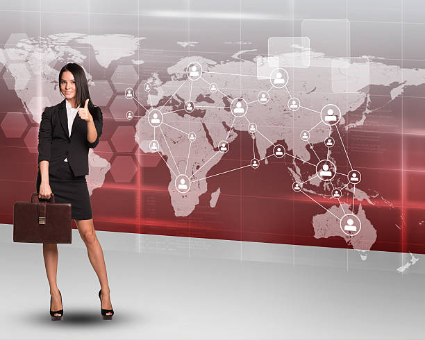 istock Businesswoman with suitcase on red map background 488466106