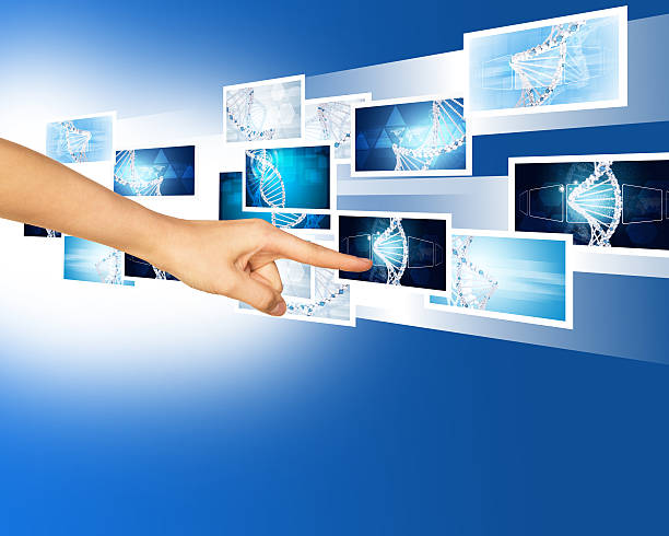 istock Humans hand touching blue holographic pictures 488466646