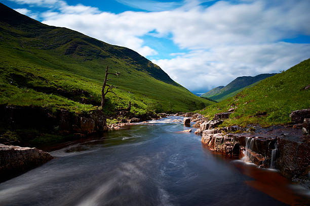 Glen Etive Scenic Scottish Highlands The River Etive flows down Glen Etive. A long exposure captures the water flowing through one spot where the river narrows. etive river photos stock pictures, royalty-free photos & images