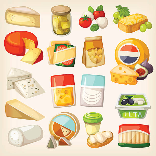 Kinds of cheese Isolated pictures of most popular kinds of cheese in packaging. Slices and pieces of cheese and some products to use them with. cottage cheese stock illustrations