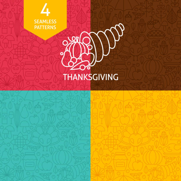 Thin Line Thanksgiving Day Holiday Patterns Set Thin Line Thanksgiving Day Holiday Patterns Set. Four Vector Autumn Thanksgiving Dinner Design and Seamless Background in Trendy Modern Line Style. Traditional National Celebration thanksgiving holiday icons stock illustrations
