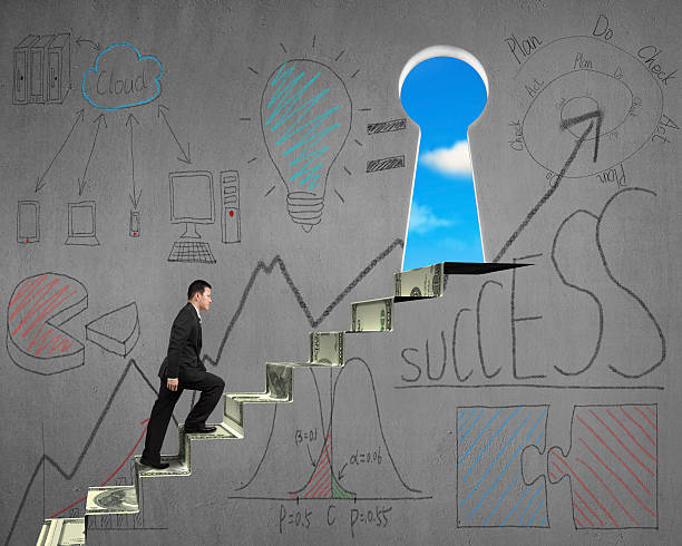 istock Climbing to key shape door with business doodles on wall 488471611