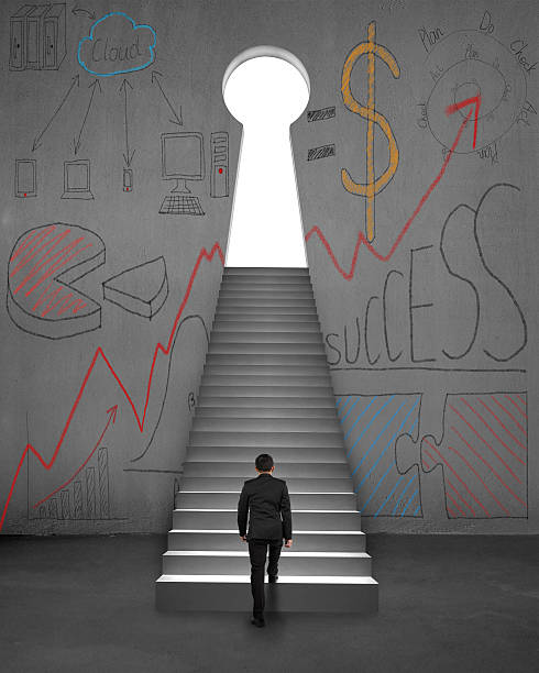 istock Climbing to key shape door with business doodles on wall 488471653