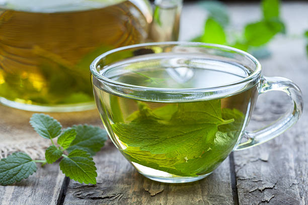 istock Fresh natural green melissa herbal tea in glass cup. Organic 488471768