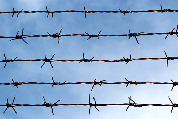 istock Barb wire fence and blue sky 488473007