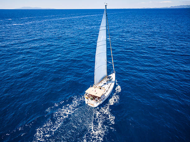 istock Sailing with sailboat, view from drone 488473286