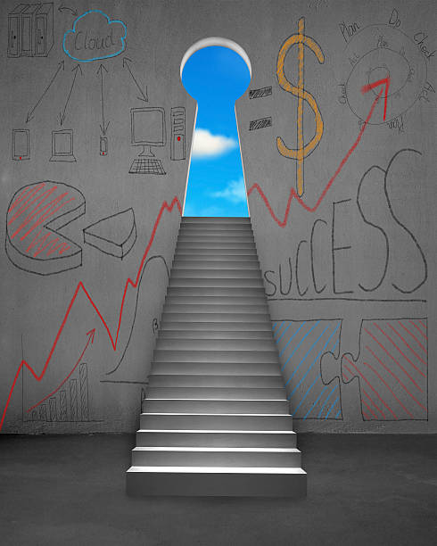 istock Key shape door with blue sky and business doodles 488473345