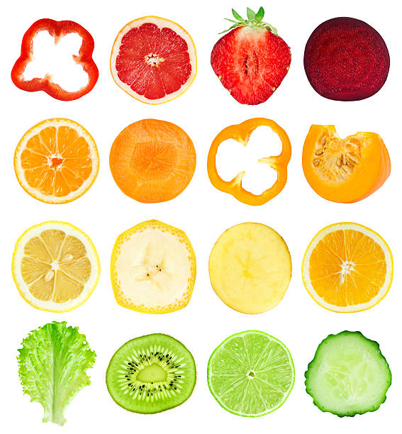 istock Collection of fresh fruit and vegetable slices 488473652