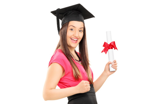 Happy woman holding a diploma isolated against white background