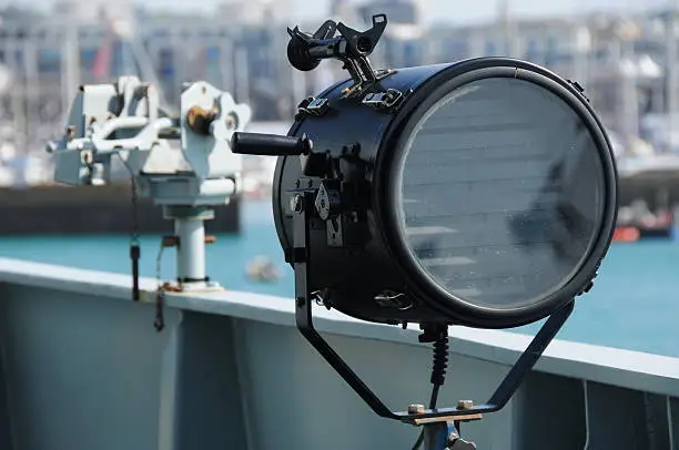 Signalling equipment attached of a ship bridge gantry.