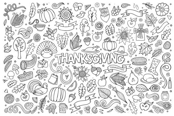 Sketchy vector hand drawn Doodle cartoon set of objects Sketchy vector hand drawn Doodle cartoon set of objects and symbols on the Thanksgiving autumn theme single flower flower autumn pumpkin stock illustrations