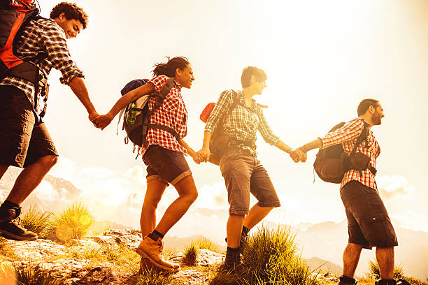 istock Group of  young friend hiking in mountain 488475993